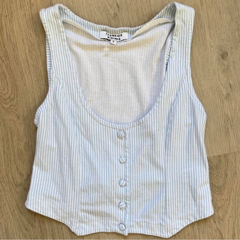 Frankie’s Bikinis Nantucket Striped Cotton Vest Button-Up Crop Top Size Small